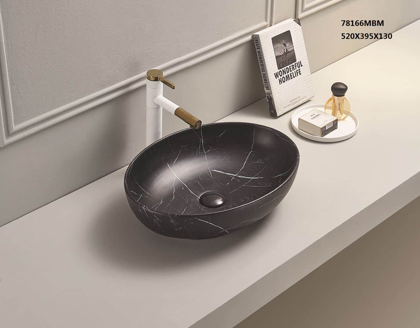 520x395x130mm Bathroom Wash Basin Oval Above Counter Matt Black Marble Surface Ceramic