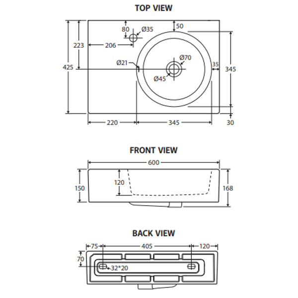 Fienza Reba Right Bowl Wall Basin, 1 Tap Hole