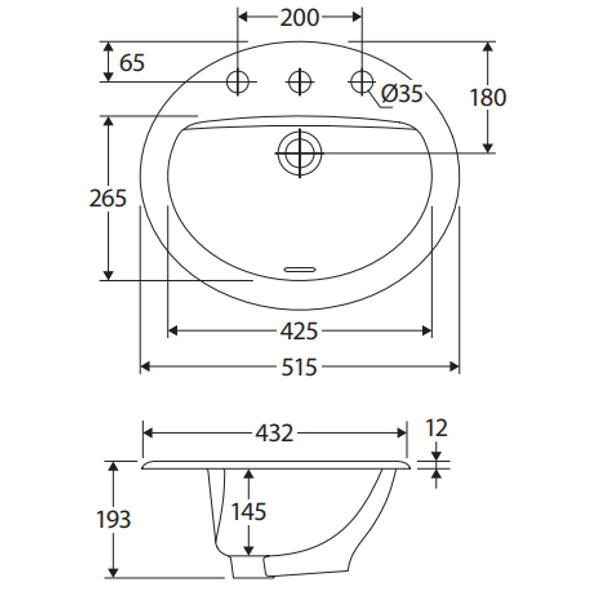 Fienza Stella Fully-Inset Basin, 1 Tap Hole