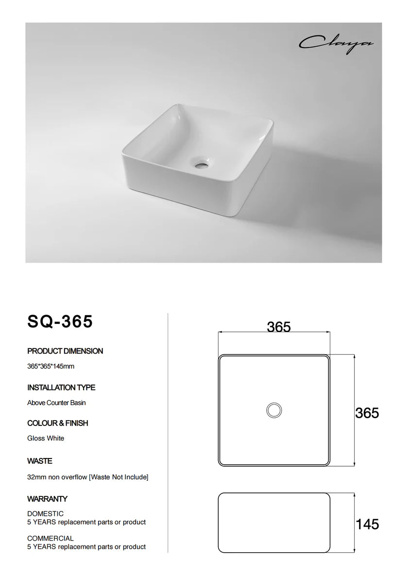 SQ-365 Square Above Counter Ceramic Basin – Gloss White