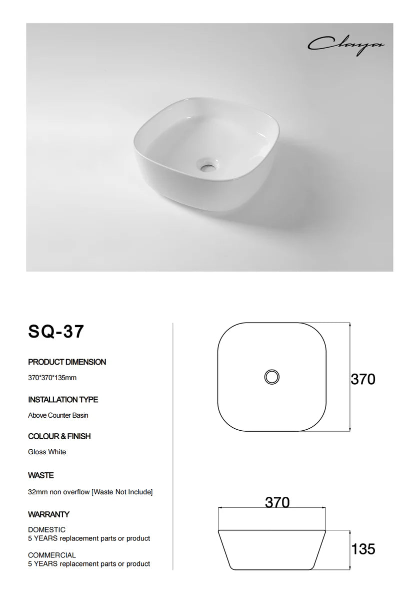 SQ-37 Square Above Counter Ceramic Basin – Gloss White