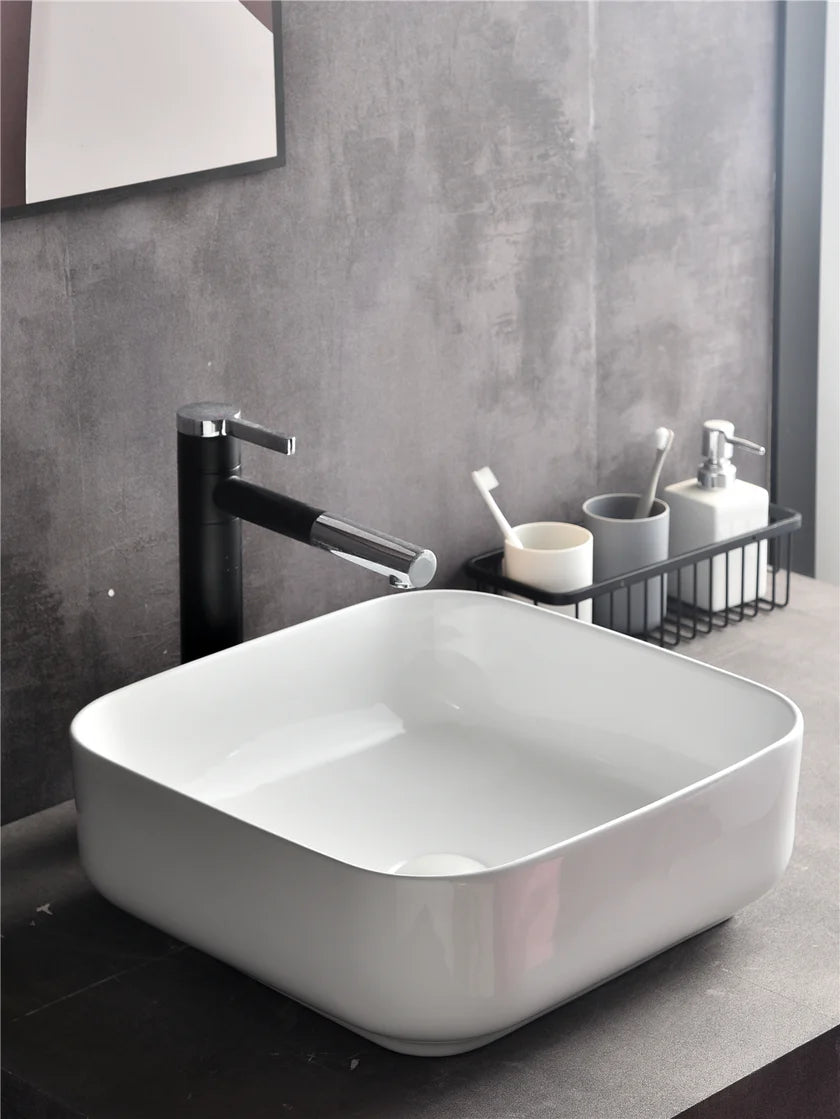 SQ-385 Square Above Counter Ceramic Basin – Gloss White