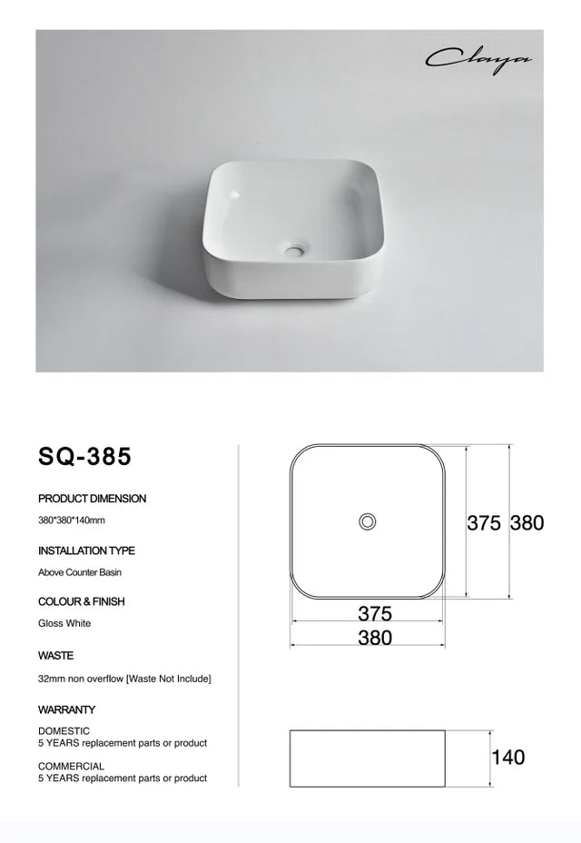 SQ-385 Square Above Counter Ceramic Basin – Gloss White