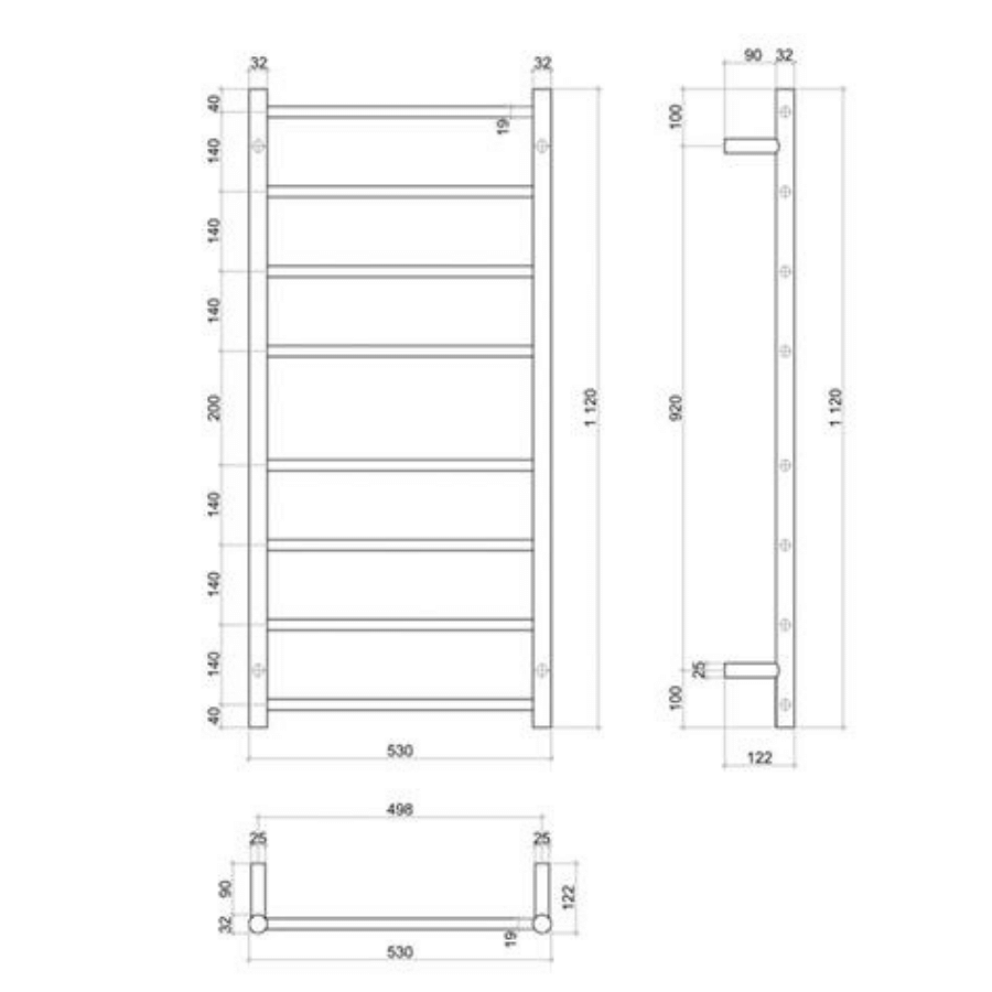 Thermogroup 8 Bar Thermorail Heated Towel Ladder 530mm Brushed Stainless Steel