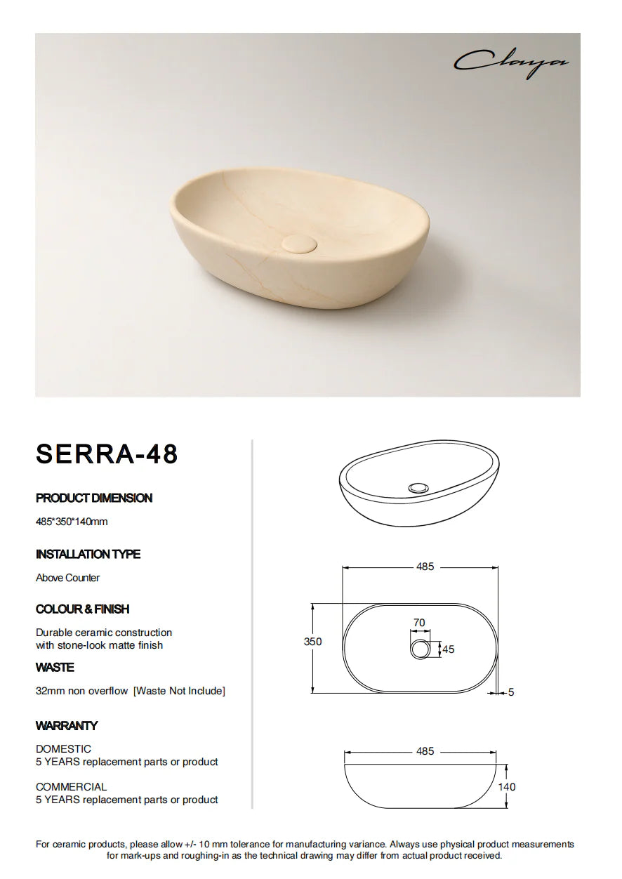 Serra-48 Above Counter Ceramic Basin – Matte Stone Marble Look