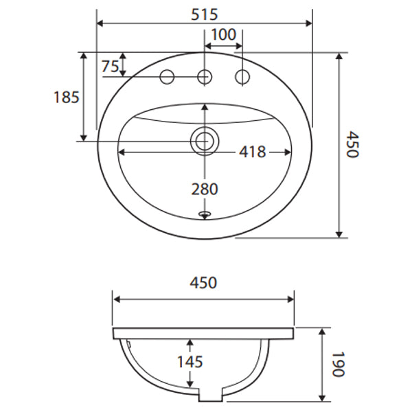 Fienza Crystal Fully-Inset Basin, 3 Tap Holes