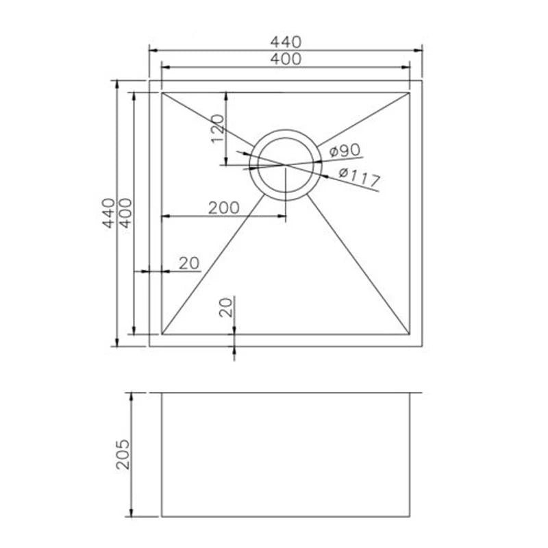 440x440x205mm Handmade Single Bowl Sink for Flush Mount and Undermount