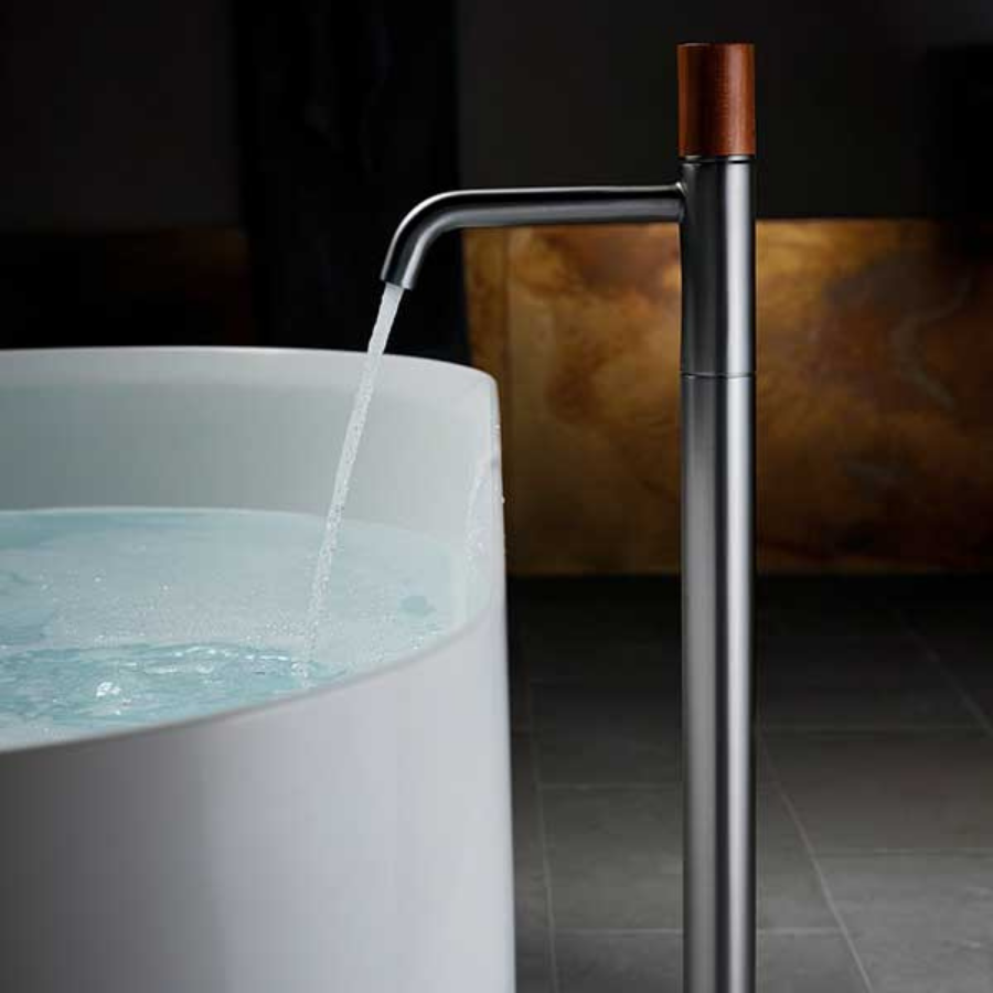 Caroma Elvire Progressive Freestanding Bath Filler Gunmetal-Tasmanian Blackwood