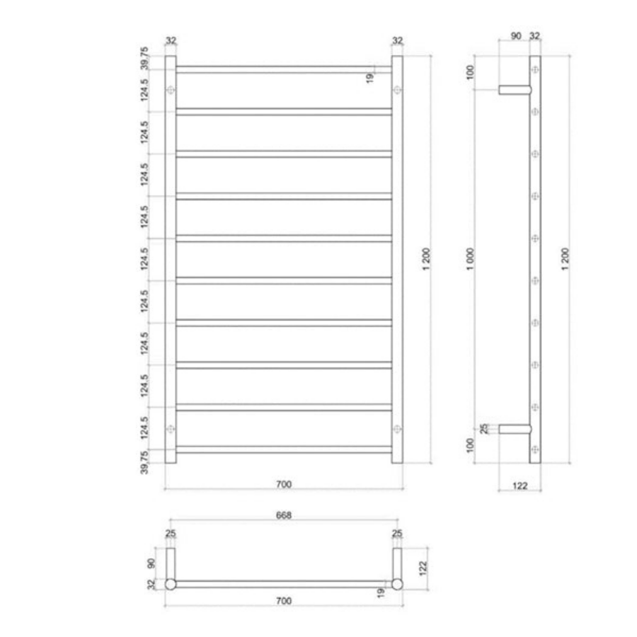 Thermogroup 10 Bar Thermorail Heated Towel Ladder 700mm