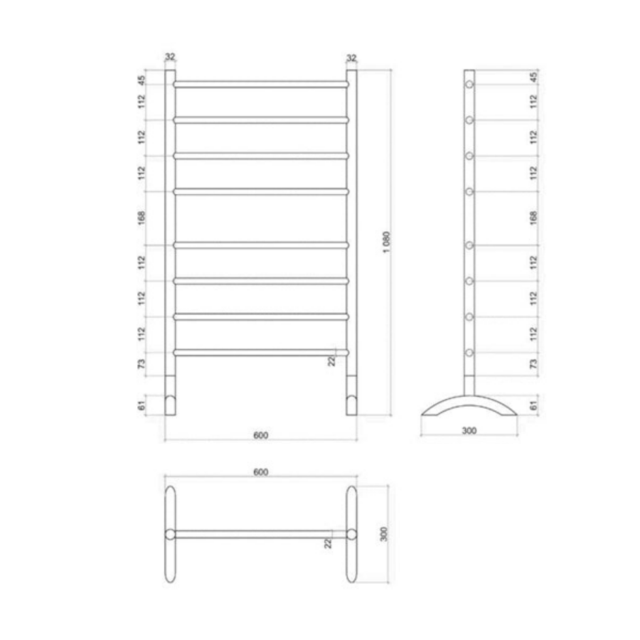 Thermogroup 8 Bar Straight Round Freestanding Heated Towel Rail 600mm