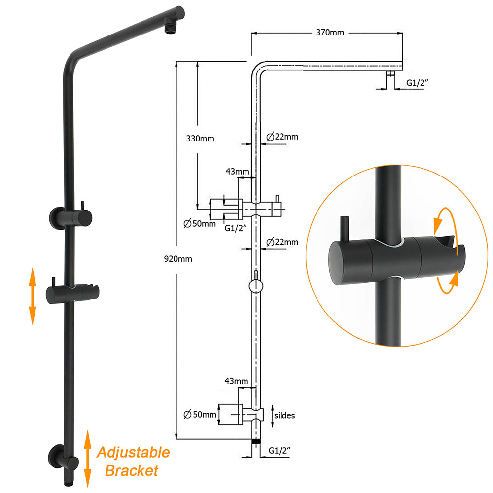 Matt Black Dual Shower 12" Large Shower Rain Head + Handheld Silde Wall Rail Set