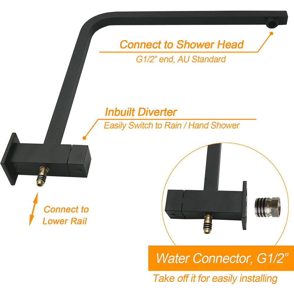 Dual Shower Square Large 12" Rainfall Head 3 Modes Handheld Wall Rail Matt Black