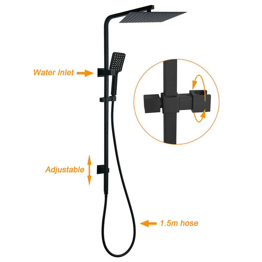Dual Shower Square Large 12" Rainfall Head 3 Modes Handheld Wall Rail Twin Taps Matt Black