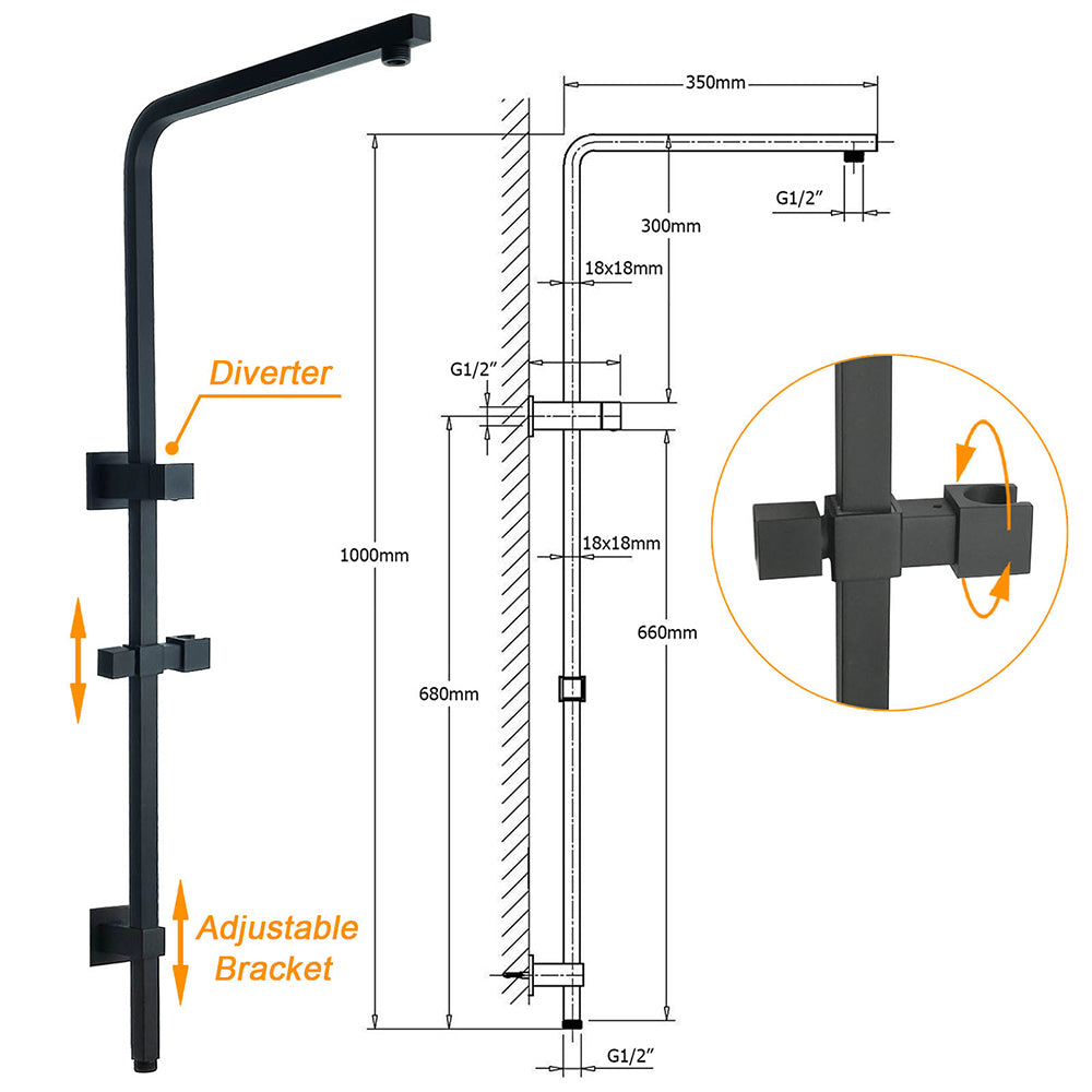 Dual Shower Square Large 12" Rainfall Head 3 Modes Handheld Wall Rail Mixer Matt Black