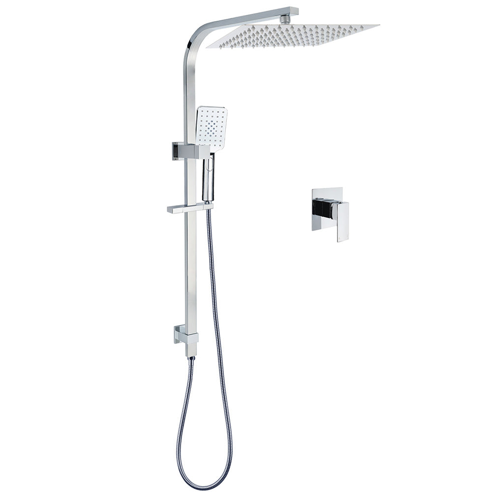 Chrome Dual Square Shower Set 12" Rain Shower Head 3 Function Handheld Rail Arm Mixer
