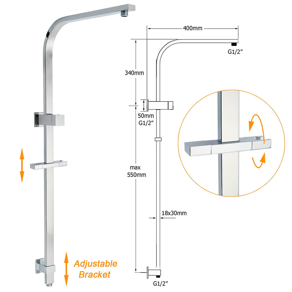 WELS Dual Square Shower Set Large 16" Rain Shower Head 3 Function Handheld Rail Arm