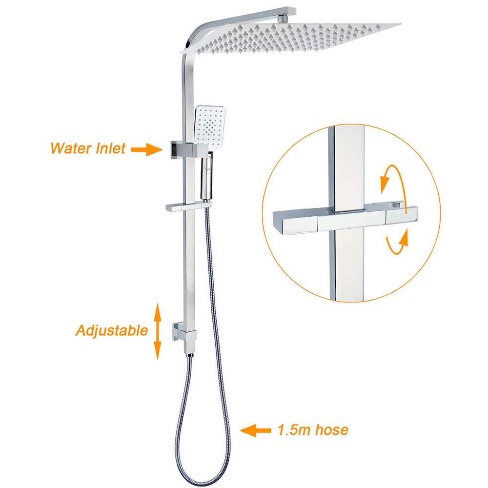 Chrome Dual Square Shower Set 16" Rain Shower Head 3 Function Handheld Rail Arm Mixer