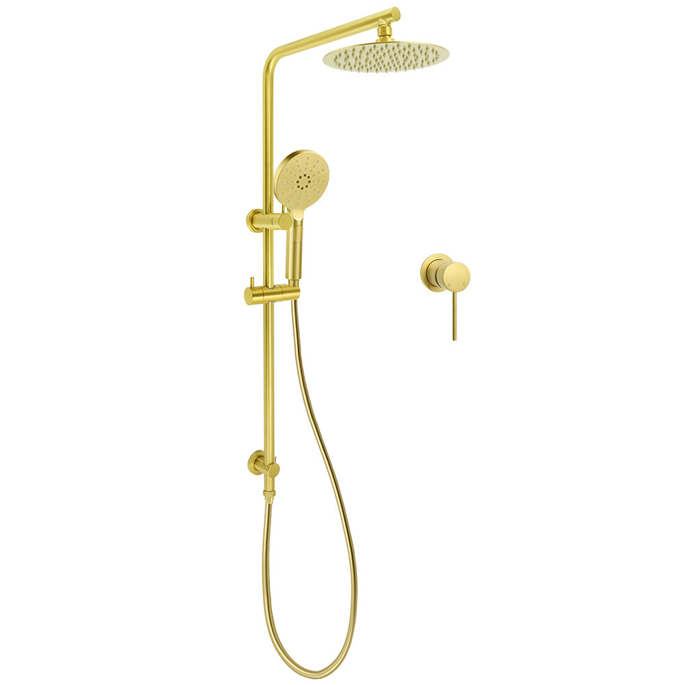 WELS Brushed Gold Twin Shower Set 8" Round Head 3 Modes Handheld Sliding Rail Arm Small Face Mixer
