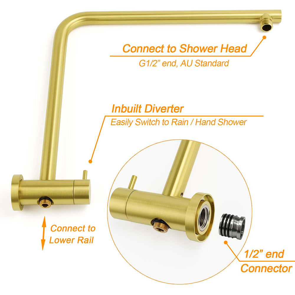 WELS Brushed Gold Twin Shower Set 8" Round Head 3 Modes Handheld Sliding Rail Arm Small Face Mixer