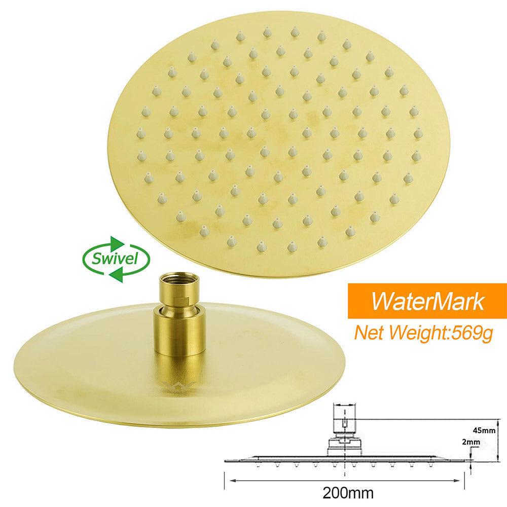 WELS Brushed Gold Twin Shower Set 8" Round Head 3 Modes Handheld Sliding Rail Arm Small Face Mixer