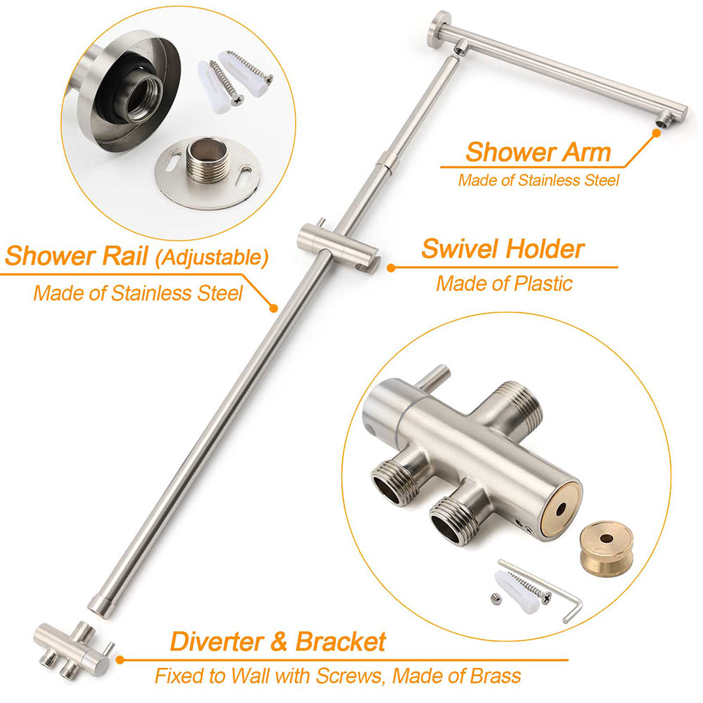 Brushed Nickel 8" Rain Head Shower Square 3 Modes Handheld Sliding Rail Arm Mixer Dual Set