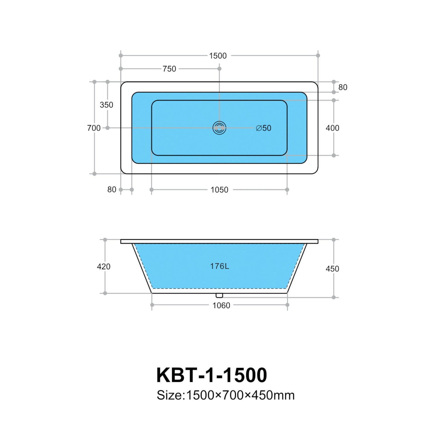 DIB1500 KBT-1-1500 Bathtub: Stylish and Compact, size