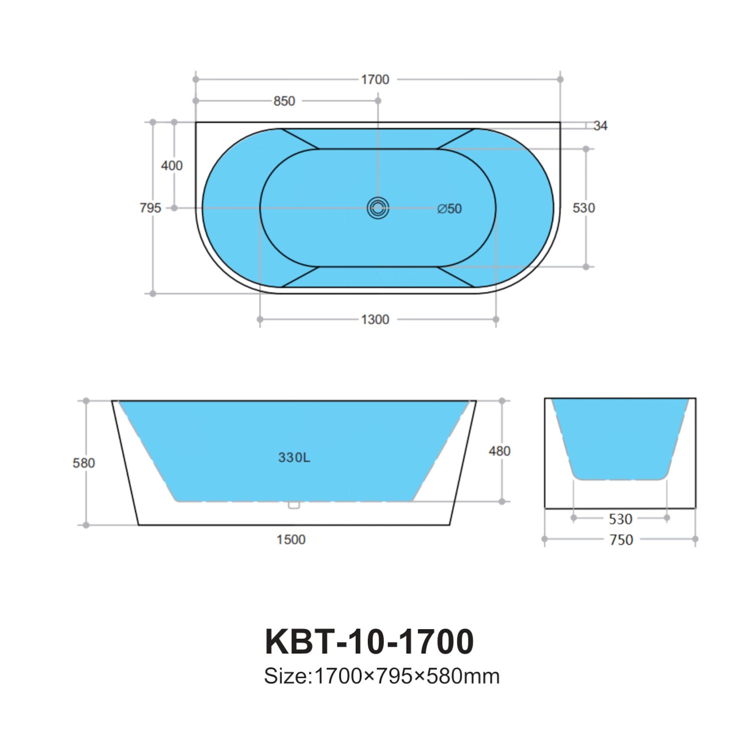 DIB1700 KBT-1-1700 Bathtub: Spacious Luxurious Ergonomic Design, size