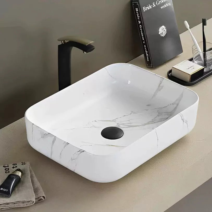 Sleek 500mm Ceramic Basin: Timeless Sophistication-Gloss White Carrara-PA5039MC