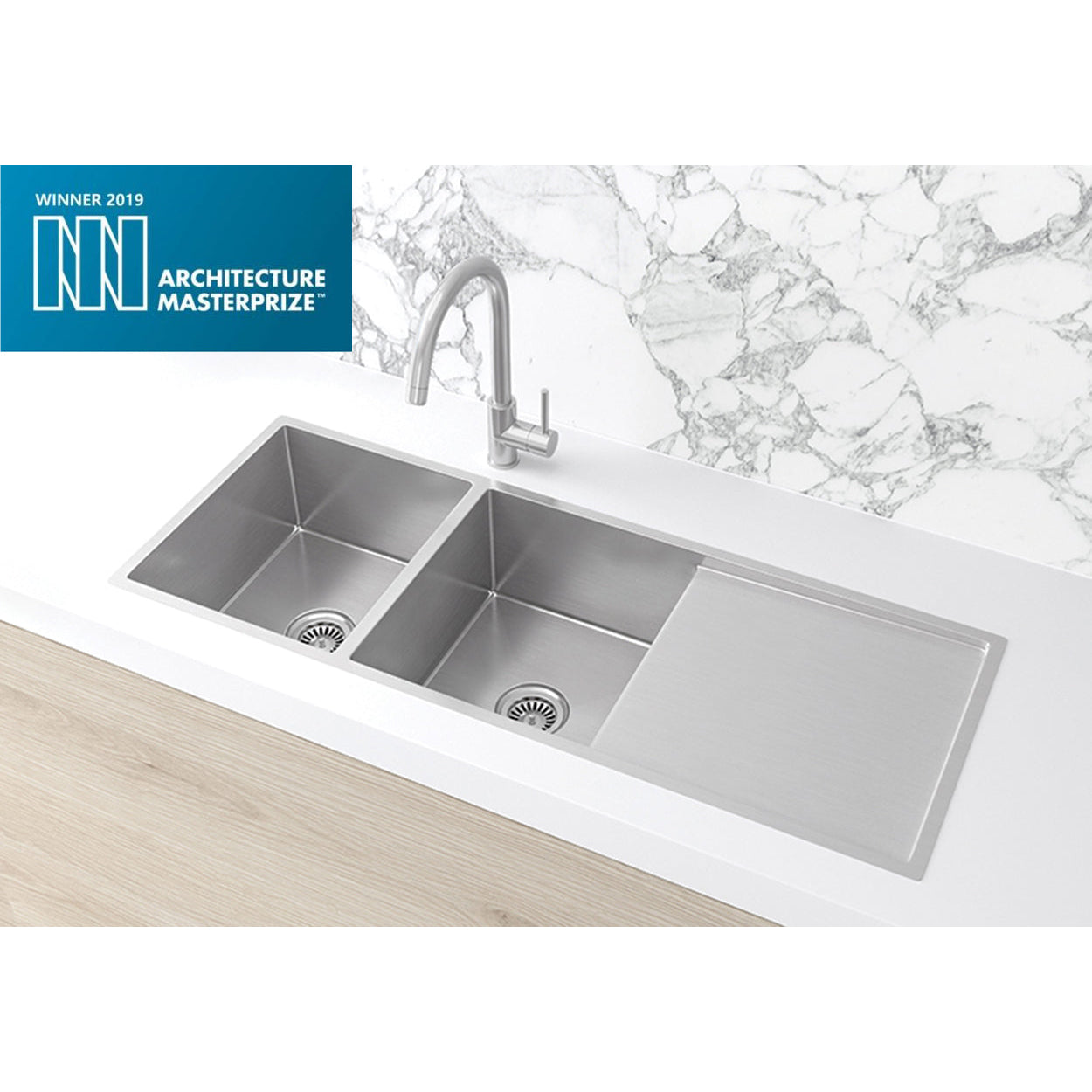 Kitchen Sink - Double Bowl & Drainboard 1160 x 440 - Brushed Nickel