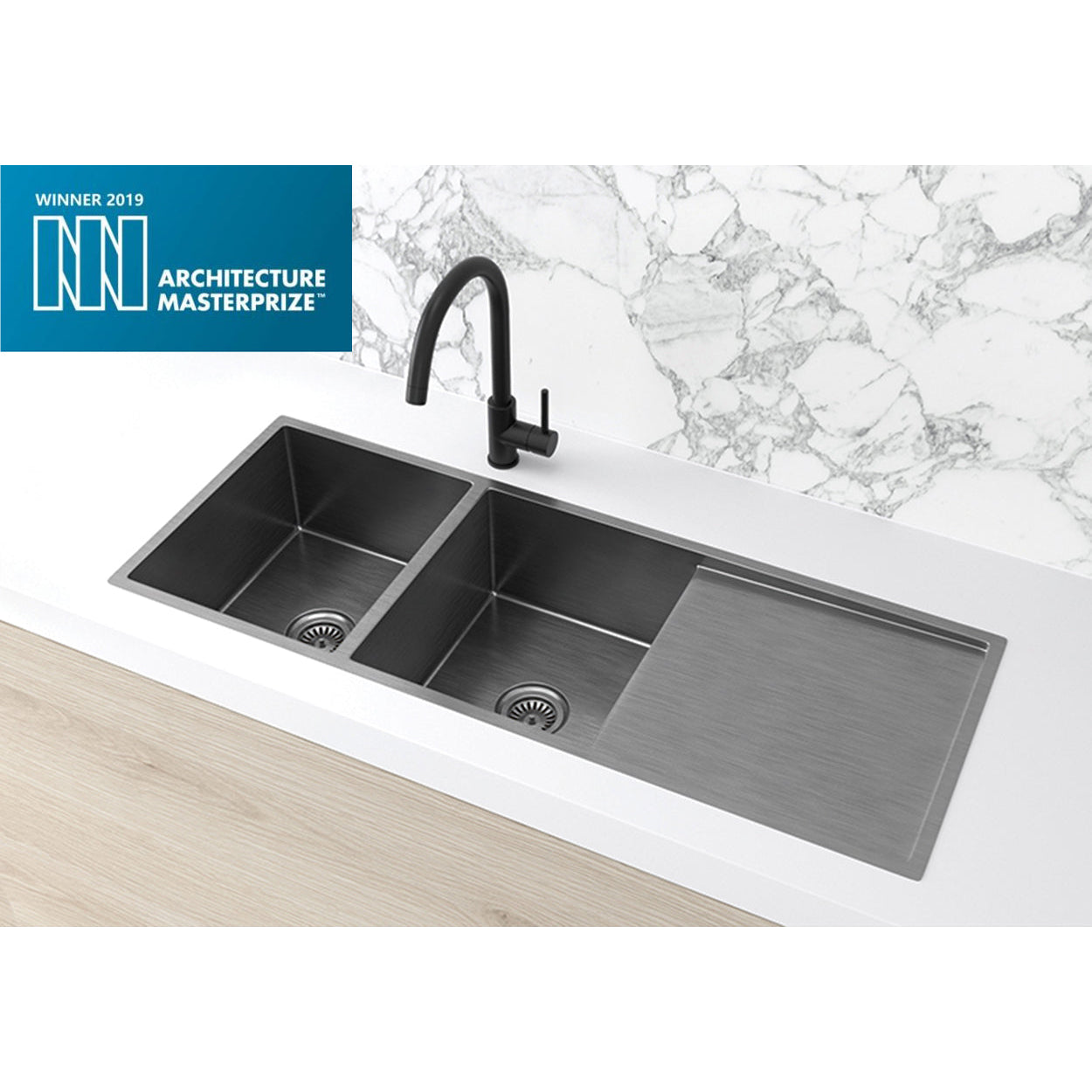 Kitchen Sink - Double Bowl & Drainboard 1160 x 440 - Gunmetal Black