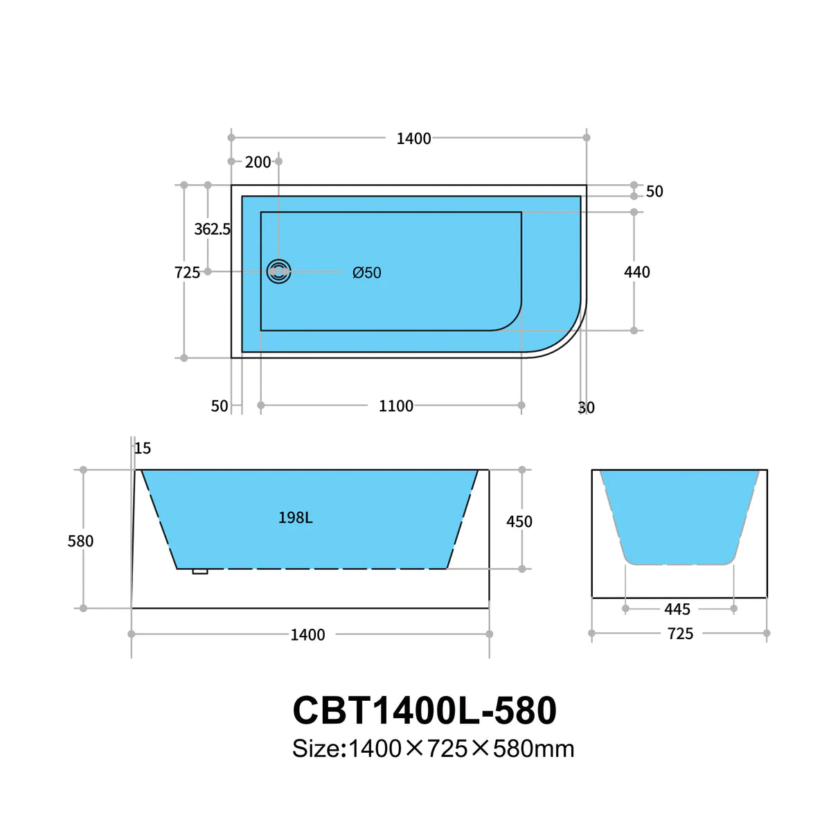 Glossy White Multi-Fit Bathtub, Versatile for Various Installations-CBT1400L-580