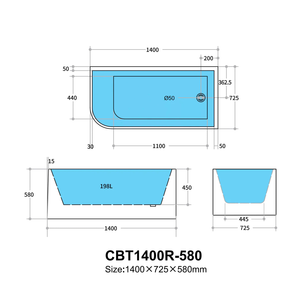 Glossy White Multi-Fit Bathtub, Versatile for Various Installations-CBT1400R-580