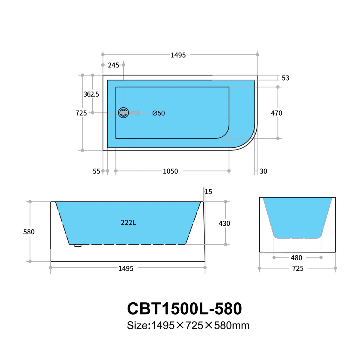 Glossy White Multi-Fit Bathtub, Versatile for Various Installations-CBT1500L-580 KBT-6L-1500-580