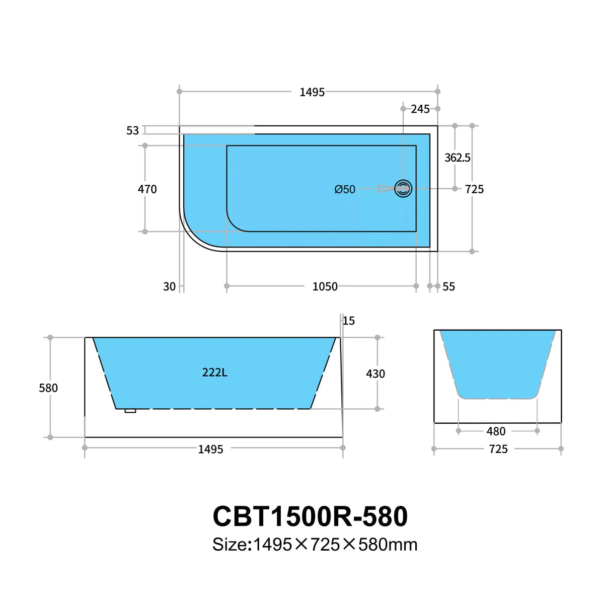 Glossy White Multi-Fit Bathtub, Versatile for Various Installations-CBT1500R-580 KBT-6R-1500-580