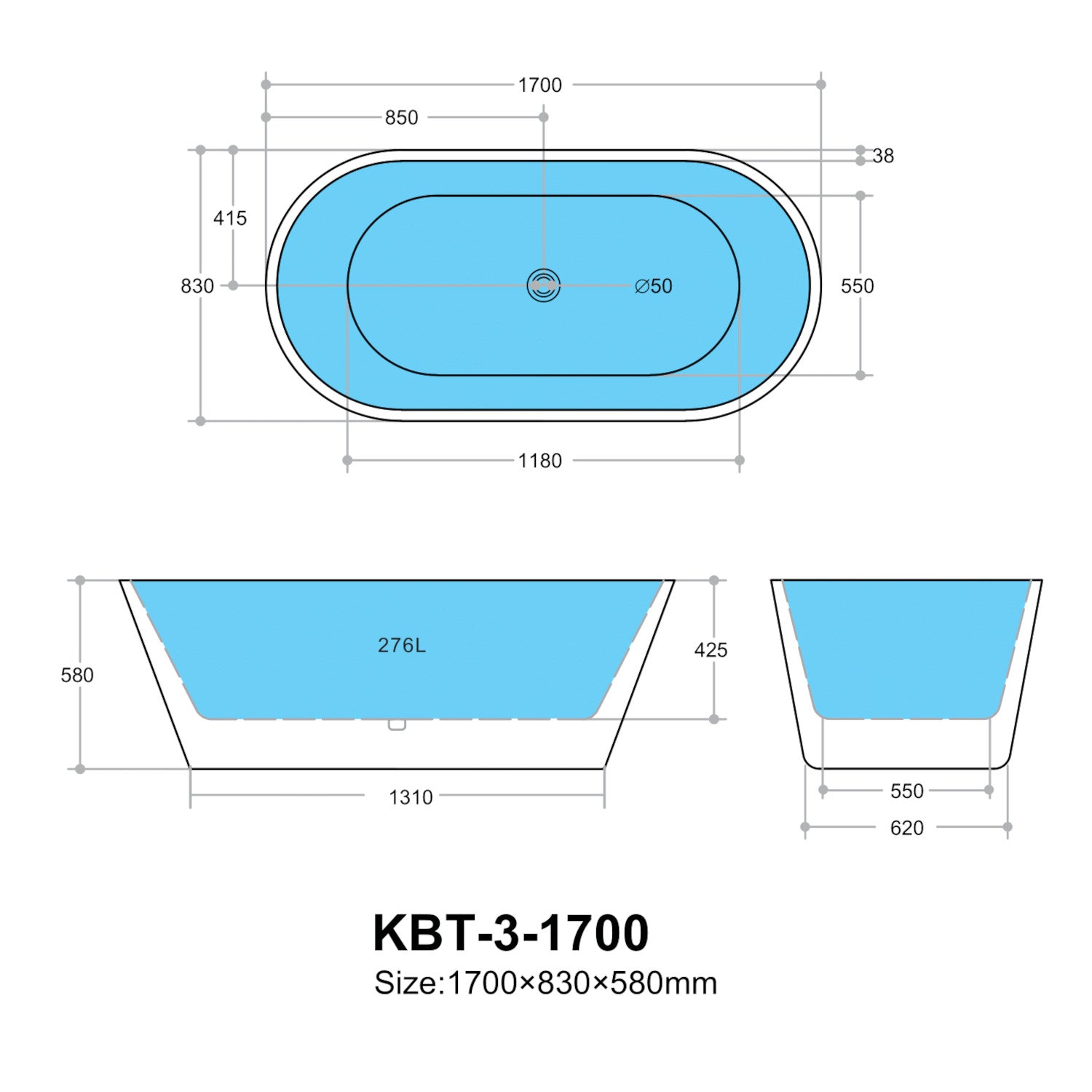 Ovia OBT1700KBT-3-1700 Bathtub: Stylish and Spacious Freestanding Tub, size