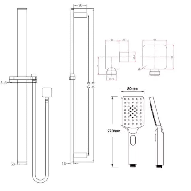 Square Sliding Shower Rail Set with Versatile 3-Mode Handheld Shower-CH2149-SH-N+CH-S8-HHS, 3